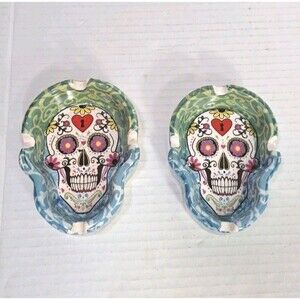 Skull Day of the Dead Blue Green Floral Ashtray Set of 2 4.5" Unique Decor Tray